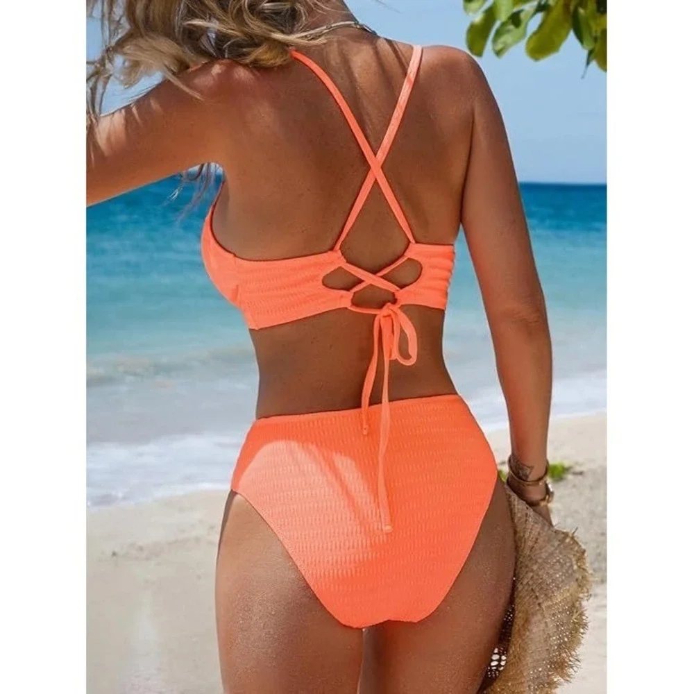 Cupshe Womens Neon Orange Smocked High Waisted Bikini‎ Set Size L New With Tags